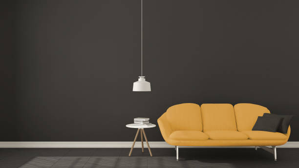 istock Scandinavian minimalistic dark background, with yellow sofa on herringbone natural parquet flooring, interior design 682571578