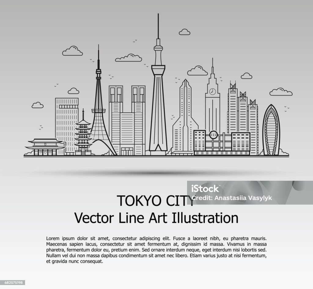 Tokyo City Gray Line Art Vector Illustration of Modern Tokyo City with Skyscrapers. Flat Line Graphic. Typographic Style Banner. The Most Famous Buildings Cityscape on Gray Background. Tokyo - Japan stock vector