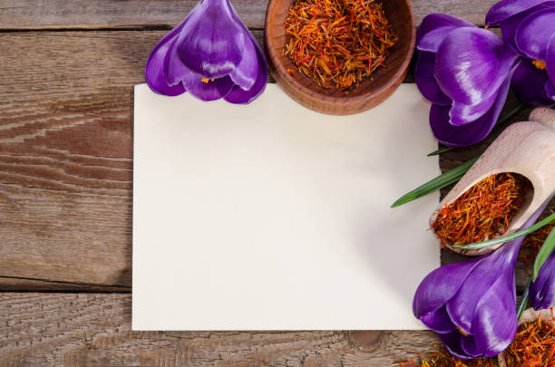 istock crocus flowers and spoon with saffron  near empty card for your text 682575328