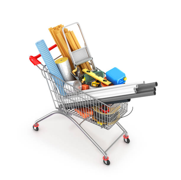 construction tools and materials inside  a shopping cart, isolated on white. 3d illustration construction tools and materials inside  a shopping cart, isolated on white. 3d illustration construction material stock pictures, royalty-free photos & images
