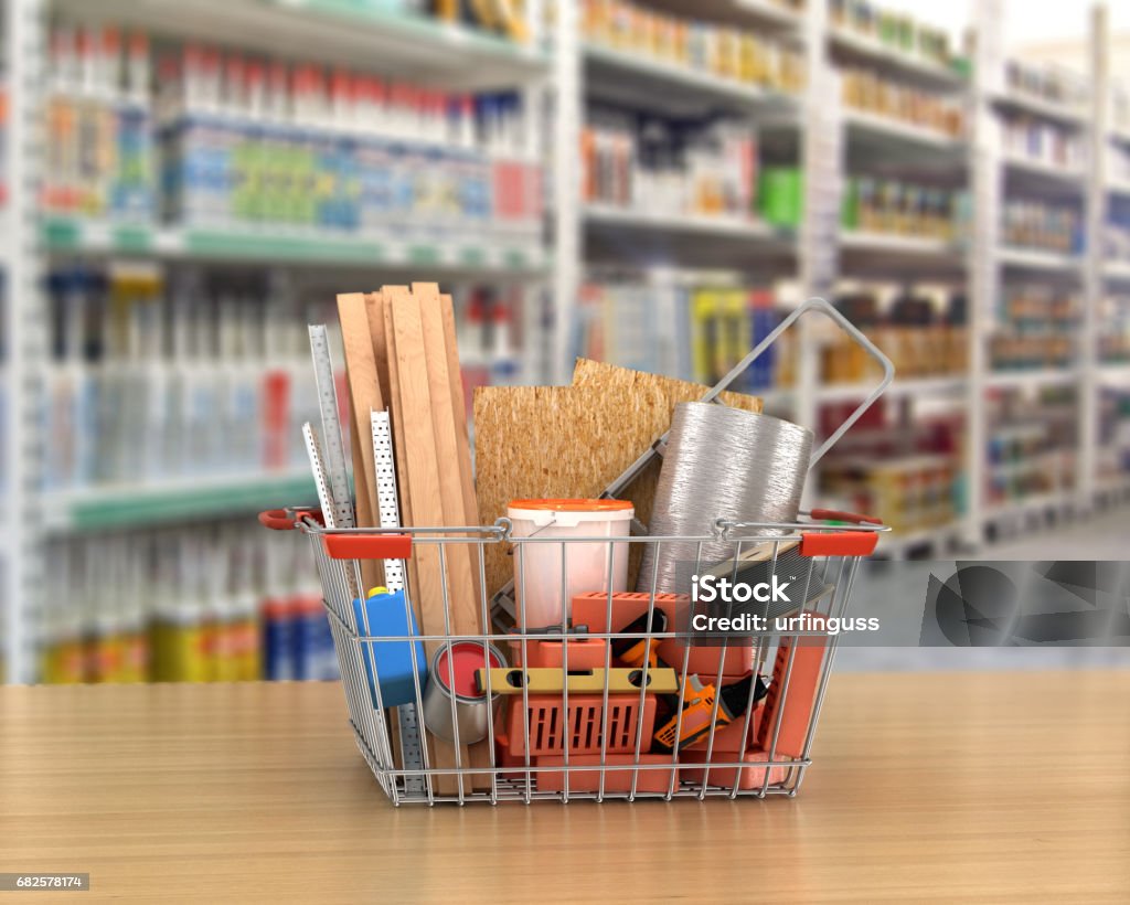 construction tools and materials inside  a shopping basket. 3d illustration Construction Material Stock Photo