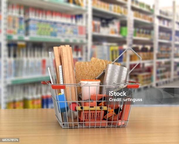 Construction Tools And Materials Inside A Shopping Basket 3d Illustration Stock Photo - Download Image Now