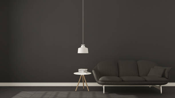 istock Scandinavian minimalistic dark background, with gray sofa on herringbone natural parquet flooring, interior design 682581866