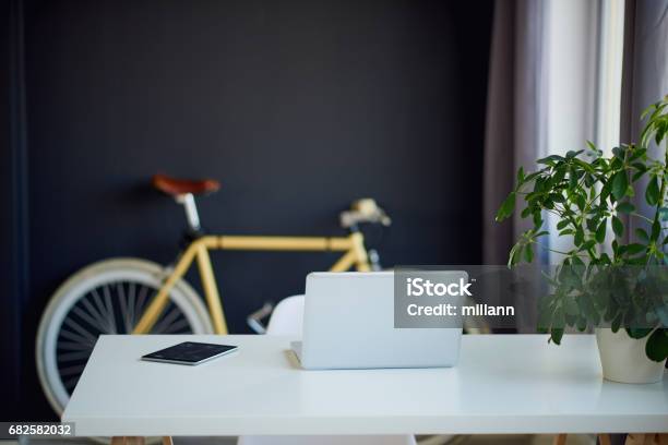 Loft Designed Working Space Stock Photo - Download Image Now - Working At Home, Home Office, Bicycle