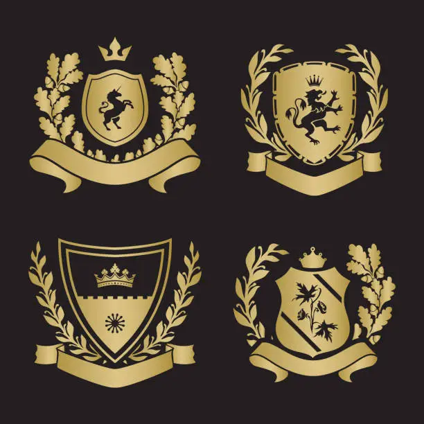 Vector illustration of Coats of arms - shields with crown, unicorn, laurel wreath at the sides.