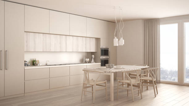istock Modern minimal white kitchen with wooden floor, classic interior design 682582504