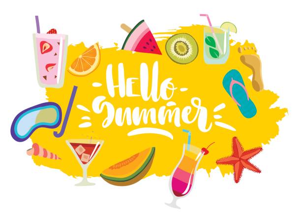 ilustrações, clipart, desenhos animados e ícones de mão vetorial desenhada emblema colorido de verão, adesivo com letras "hello summer". - junho