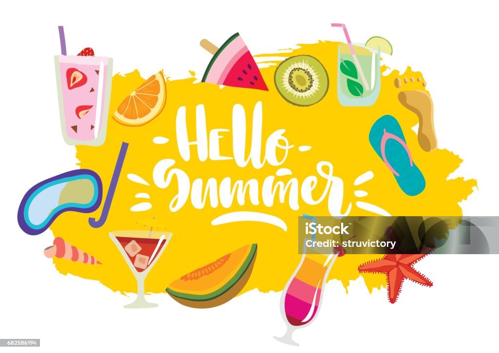 Vector hand drawn colorful  summer emblem, sticker with lettering "Hello summer". Vector hand drawn colorful  summer emblem, sticker with lettering "Hello summer" and fruits, beach, diving, cocktails. June stock vector