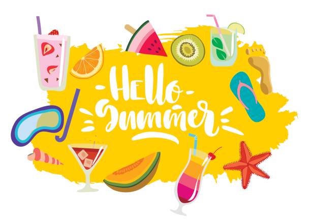 Vector hand drawn colorful  summer emblem, sticker with lettering "Hello summer". Vector hand drawn colorful  summer emblem, sticker with lettering "Hello summer" and fruits, beach, diving, cocktails. june stock illustrations