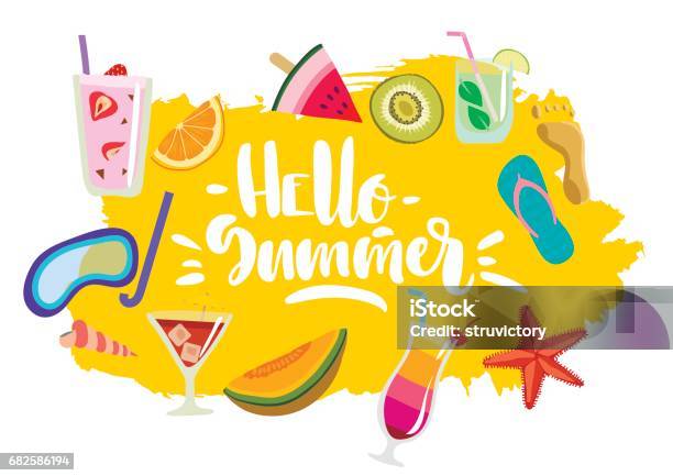 Vector Hand Drawn Colorful Summer Emblem Sticker With Lettering Hello Summer Stock Illustration - Download Image Now