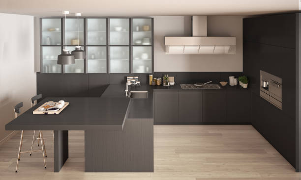 istock Classic minimal gray kitchen with parquet floor, modern interior design 682589228