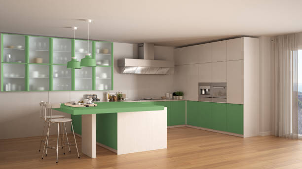 istock Classic minimal white and green kitchen with parquet floor, modern interior design 682595578