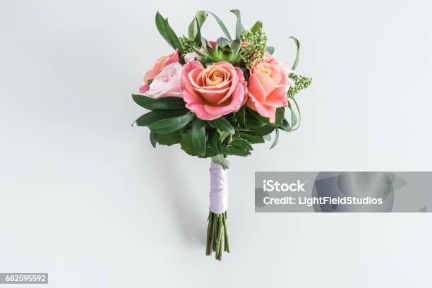 Closeup View Of Beautiful Bouquet Of Roses And Succulents Isolated On White Stock Photo - Download Image Now