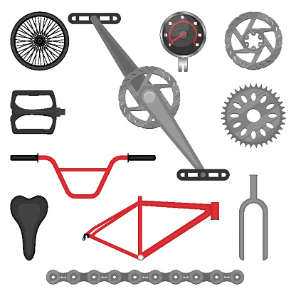 Set of parts for BMX bike off-road sport bicycle vector illustration. Details for motocross vehicle isolated on white background