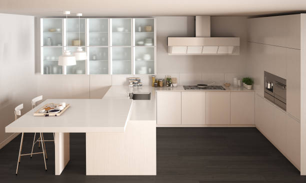 istock Classic minimal white kitchen with parquet floor, modern interior design 682595766
