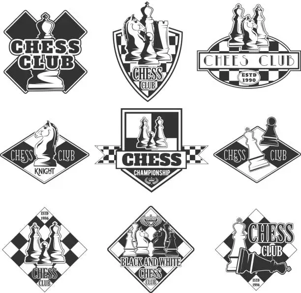 Vector illustration of Vector set of monochrome chess club logo for your design, different kinds of printing and the Internet