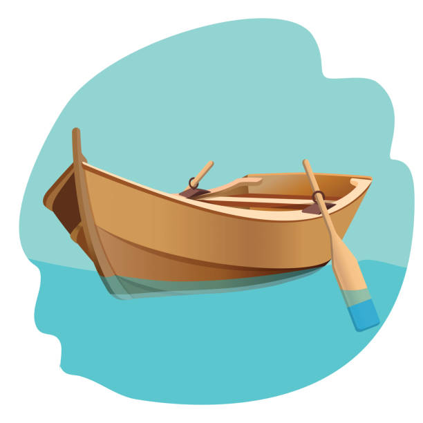 Wooden boat with oars vector illustration isolated on white. Wooden boat with oars on blue water vector illustration isolated on white. Sailing fisherman s ship with paddles rowboat stock illustrations
