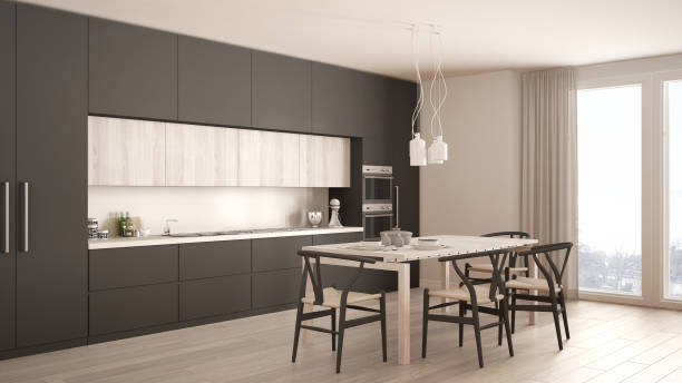 istock Modern minimal gray kitchen with wooden floor, classic interior design 682599594