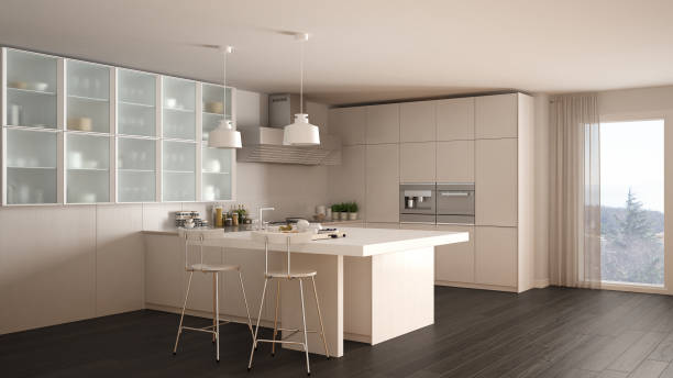 istock Classic minimal white kitchen with parquet floor, modern interior design 682600138