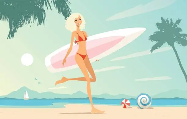 Vector illustration of Young woman with a surfing board