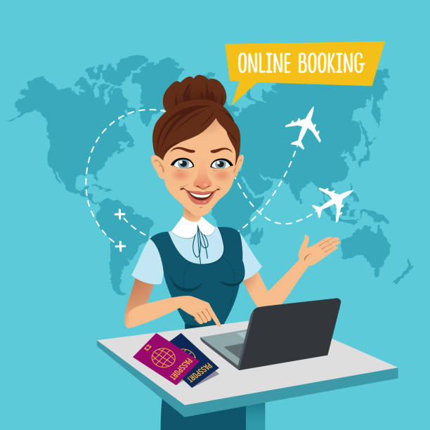 Online Booking Banner Online Flight Booking Travel Agent Stands At Table  And Makes Out The Purchase Of Tickets - Arte vetorial de stock e mais  imagens de Agente de Viagens - iStock