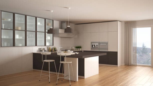 istock Classic minimal white and brown kitchen with parquet floor, modern interior design 682603510