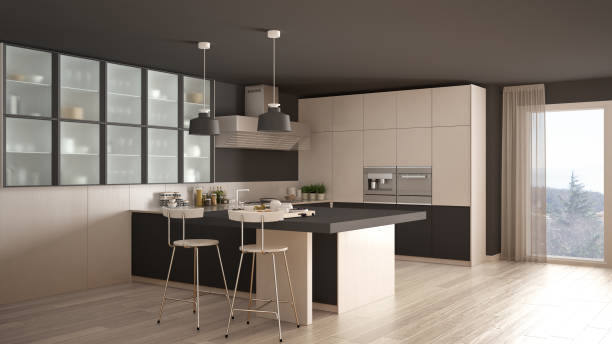 istock Classic minimal white and gray kitchen with parquet floor, modern interior design 682603744