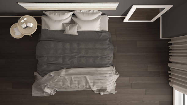 istock Classic bedroom, scandinavian modern style, minimalistic interior design, background, top view 682604082