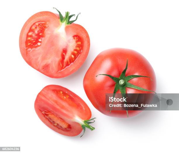 Pink Tomatoes Isolated On White Background Stock Photo - Download Image Now - Tomato, Directly Above, White Background