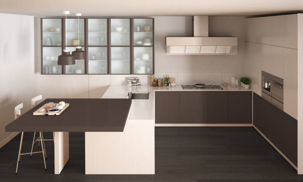 istock Classic minimal white and brown kitchen with parquet floor, modern interior design 682604356