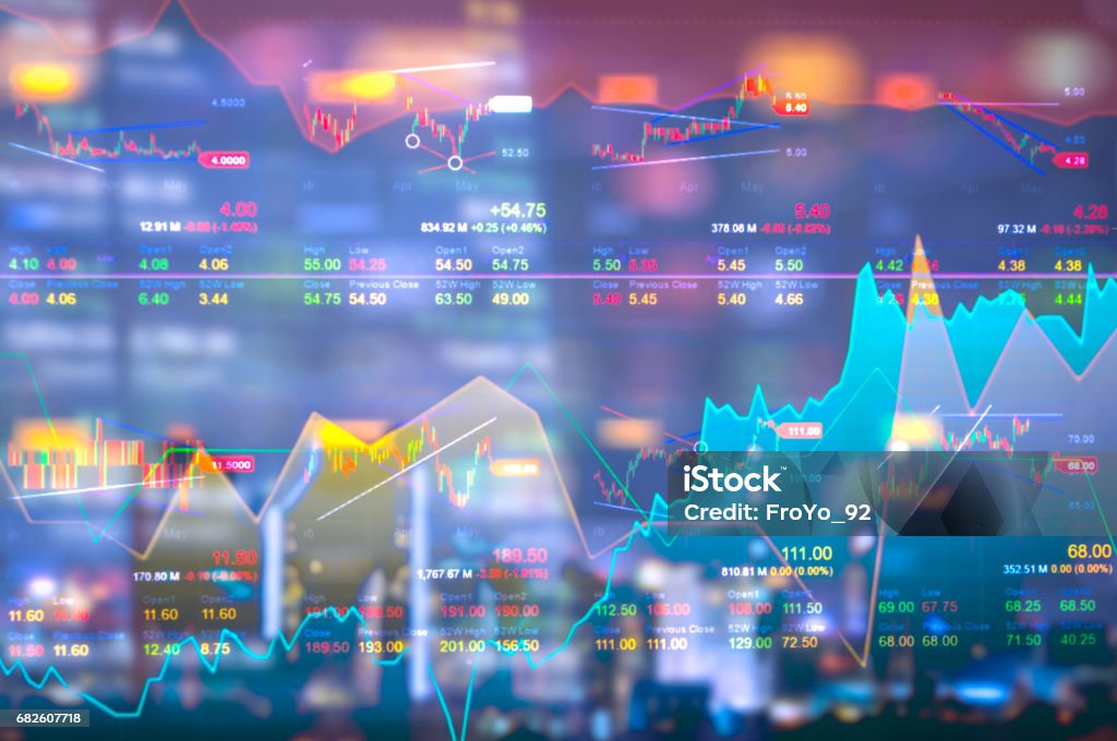 Stock market digital graph chart on LED display concept. A large display of daily stock market price and quotation. Indicator financial forex trade education background. Economy Stock Photo