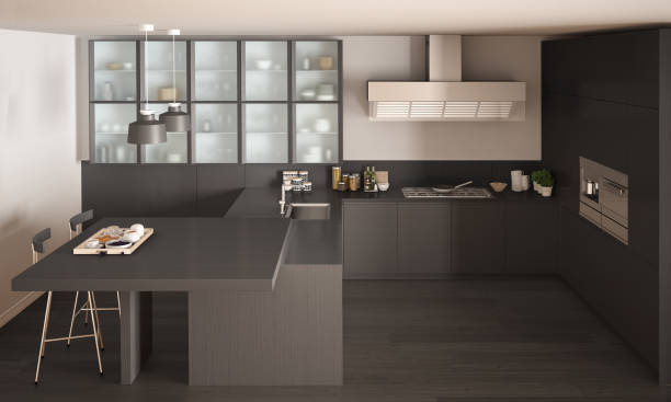 istock Classic minimal gray kitchen with parquet floor, modern interior design 682607846