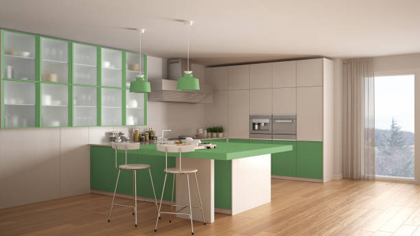 istock Classic minimal white and green kitchen with parquet floor, modern interior design 682608006