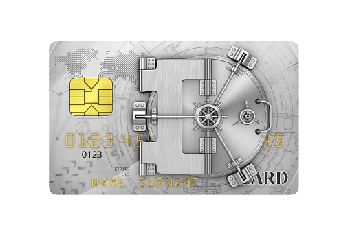 Finance concept. Credit card with safe door. 3d illustration