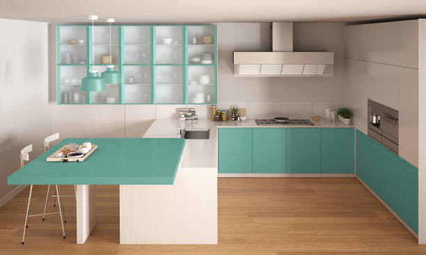 istock Classic minimal white and turquoise kitchen with parquet floor, modern interior design 682609116