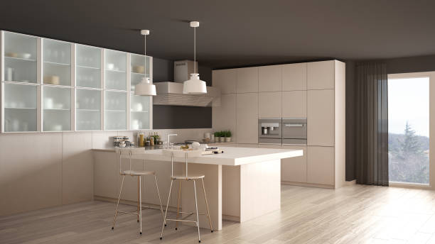 istock Classic minimal white kitchen with parquet floor, modern interior design 682609386