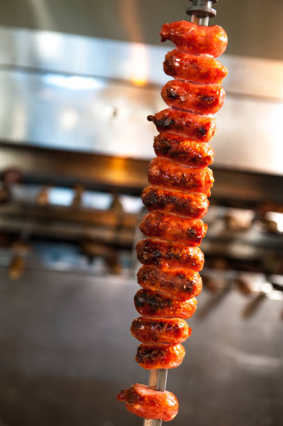 Brazilian steakhouses usually work with a meat rotation system, where all are served on a skewer taken directly to the customer's table. Noble meats, ranging from picanha, file mignon, maminha, fraldinha, entrecot and rib. In some steakhouses serve at the end a grilled pineapple that helps a lot in the digestion of food.