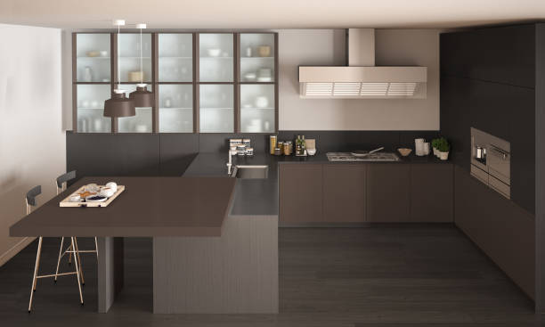istock Classic minimal gray and brown kitchen with parquet floor, modern interior design 682614152