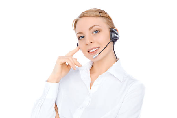 istock Support phone operator  in headset, blonde girl, isolated 682615192