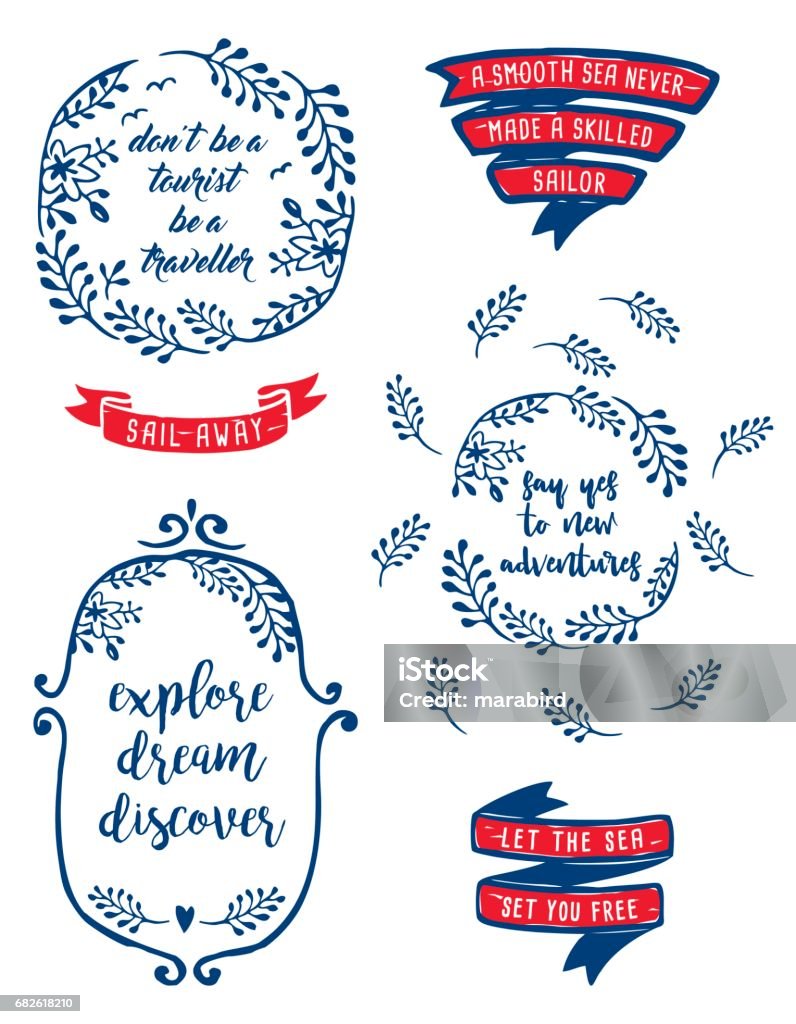 Set of labels travel quotation-text An original artwork vector illustration of several labels with quotation-text for romantic travellers. This labels design can be a travel postcard, invitation or flyer. Flower stock vector