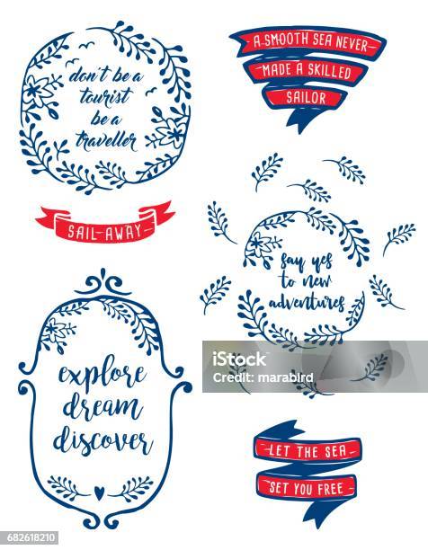 Set Of Labels Travel Quotationtext Stock Illustration - Download Image Now - Flower, Navy Blue, Insignia