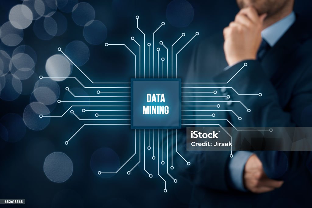 Data mining concept Data mining (data-minig) concept. Abstract symbol of a chip with text data mining connected with data represented by points. Data Mining Stock Photo