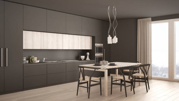 istock Modern minimal gray kitchen with wooden floor, classic interior design 682621174