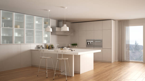 istock Classic minimal white kitchen with parquet floor, modern interior design 682622022
