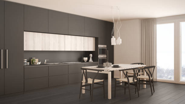istock Modern minimal gray kitchen with wooden floor, classic interior design 682623224