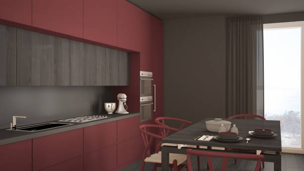 istock Modern minimal red kitchen with wooden floor, classic interior design 682628888