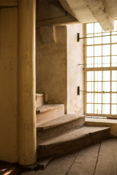 old wooden stairway in a church - european culture ancient architecture still life imagens e fotografias de stock