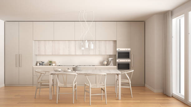 istock Modern minimal white kitchen with wooden floor, classic interior design 682635232
