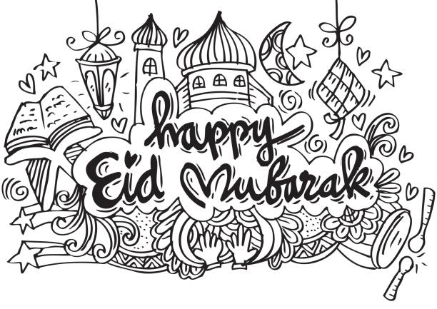 Happy eid mubarak Happy eid mubarak with doodle style. bedug stock illustrations
