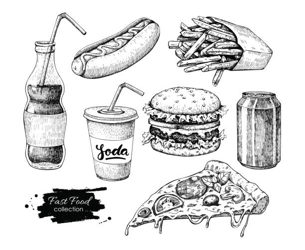 Fast food vector hand drawn set. Engraved style junk food illust Fast food vector hand drawn set. Engraved style junk food illustration.  Burger, hot dog, pizza, french fries and soda drawing. Great for label, menu, poster, banner, voucher, coupon, business promote soda illustrations stock illustrations